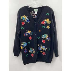 The Quacker Factory Women’s Long Sleeve Cotton/Ramie Black Appliquéd Cardigan S